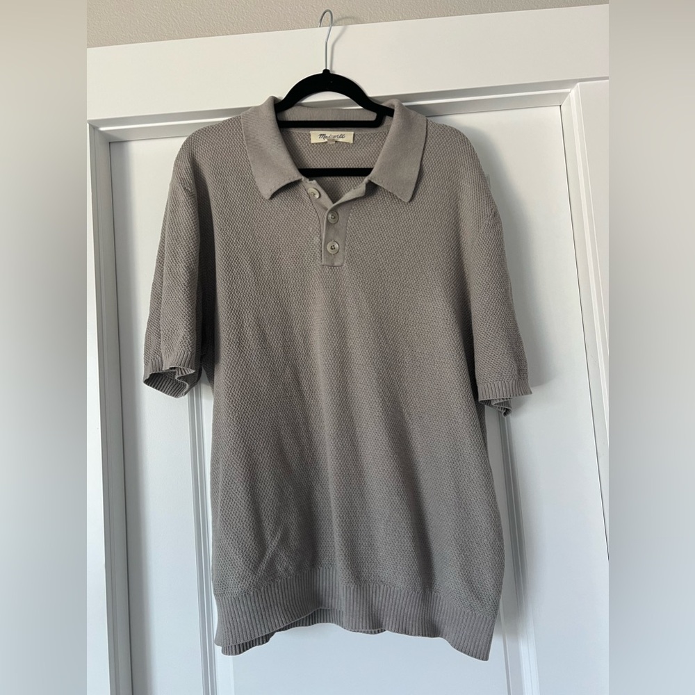 Mens Madewell Textured Cotton-Linen Blend Sweater Polo Size L Steel Dawn